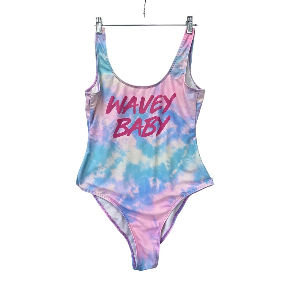 Wavey Baby Tie Dye One Piece Swimsuit Pink Blue‎ Medium Open Back Festival